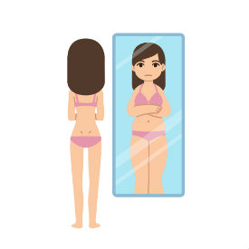 Image of cartoon woman wearing matching purple bra and underwear, standing in front of mirror, her reflection is larger in weight than her actual body